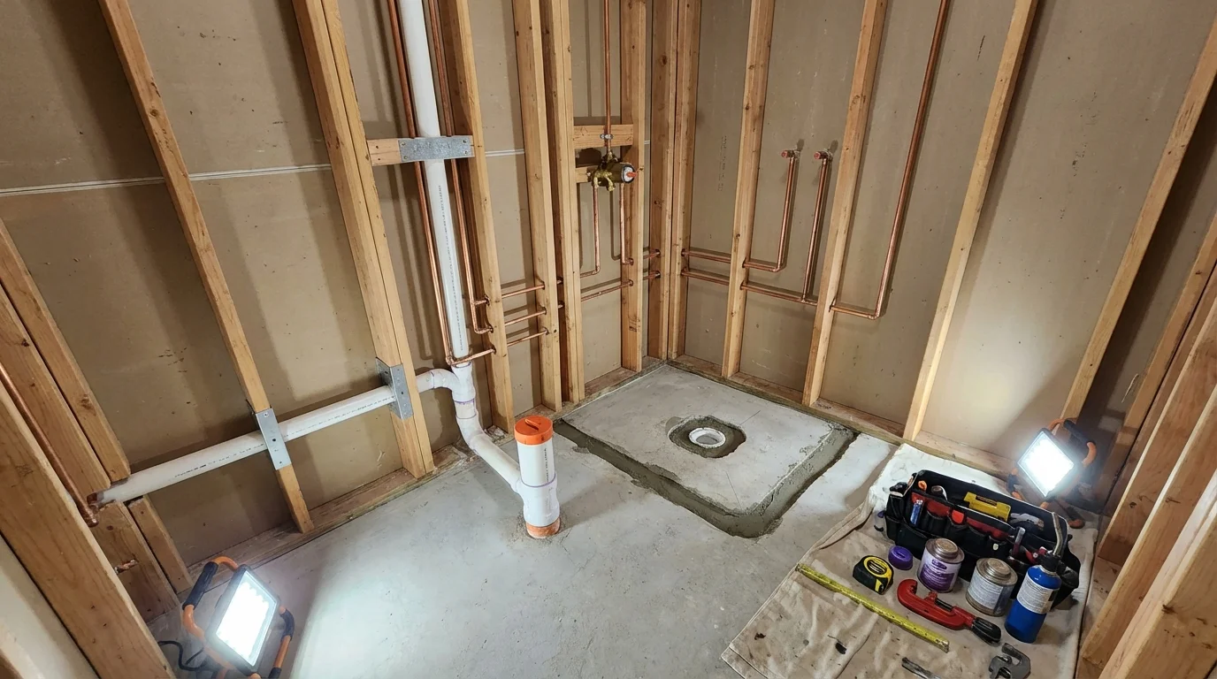 Bathroom rough-in plumbing during remodel by Johns Plumbing LLC in Elmira
