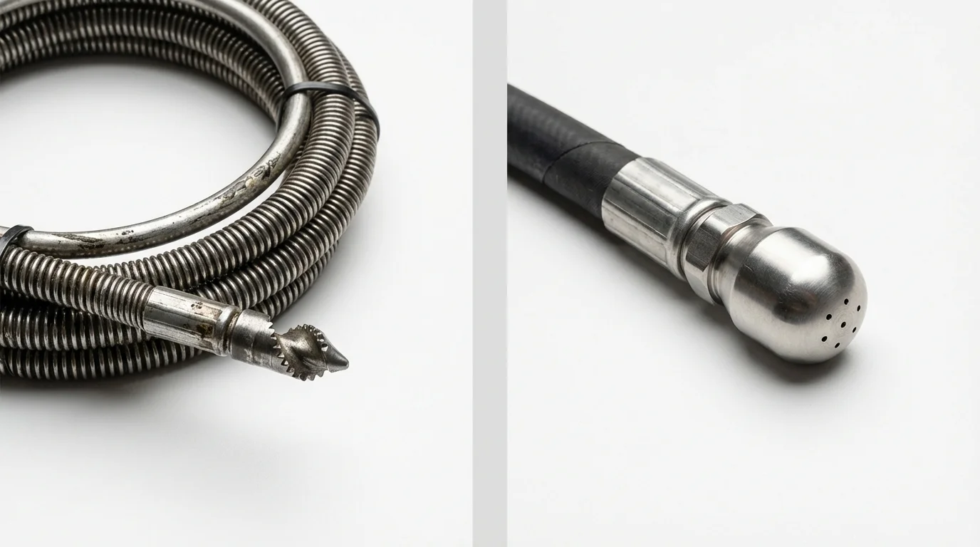 Drain snake cable and hydro jetting nozzle used for drain cleaning in Elmira, NY