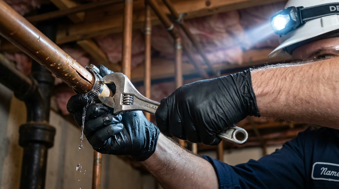 Emergency pipe clamp repair being performed by a Johns Plumbing LLC plumber in Elmira
