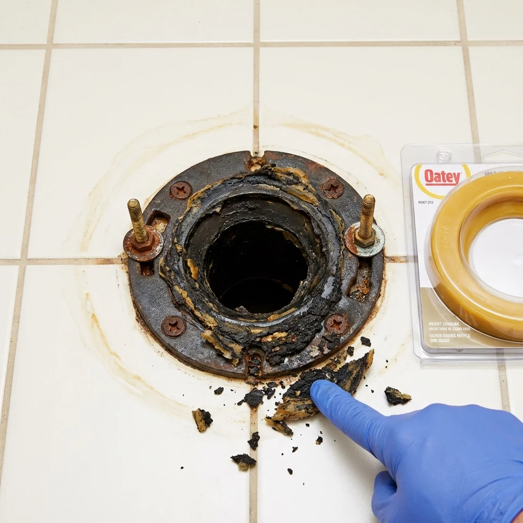 Failed wax ring showing water seepage at the base of a toilet in a Elmira, NY home