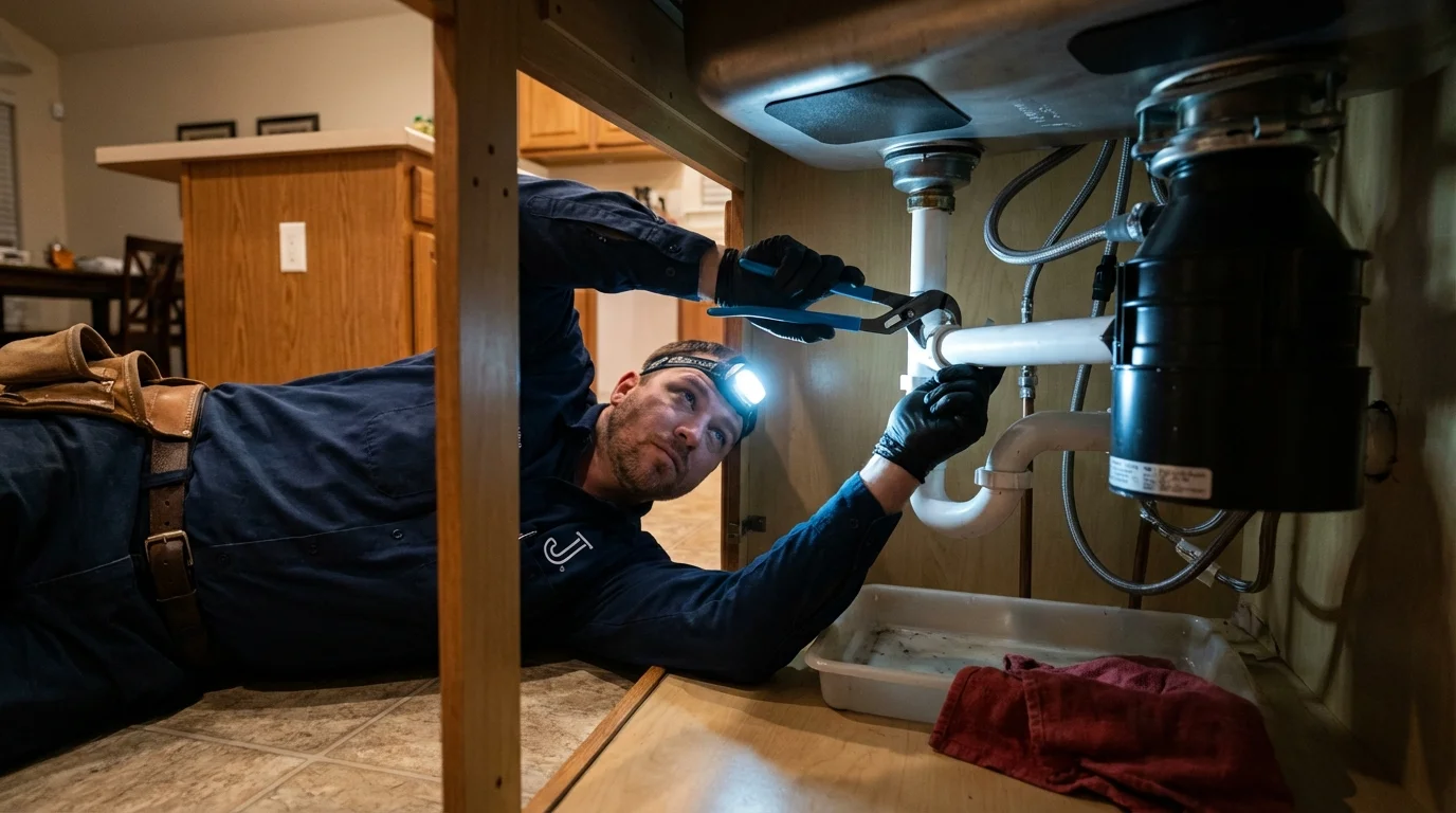 P-trap and supply line connections under a kitchen sink showing a common leak point in Elmira, NY